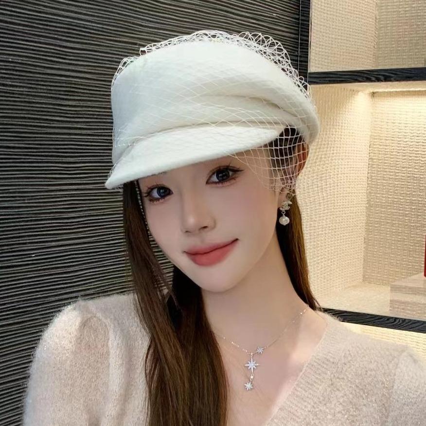 White Mesh Cap Women's Autumn and Winter New French Retro Short Edge Fashion Felt Hat British Elegant Wool Hat