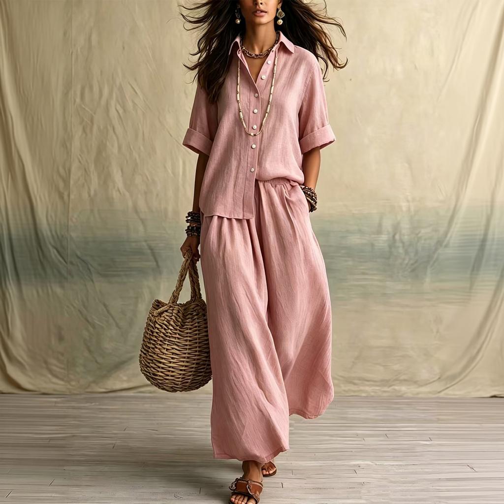 Women's Casual Two Piece Set Color Lapel Collar Button Front Half Sleeve Top and Wide Leg Pants