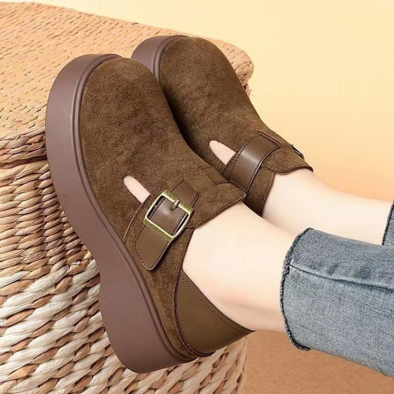 Autumn Thick-soled Heightening Buckle Women's New British Small Leather Shoes One-pedal Single Shoes Soft-soled Women's Shoes