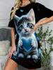 Women's Casual Sleep Dress with Cat and Heart Pattern