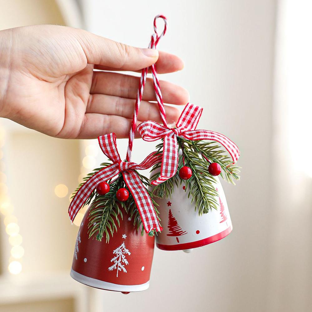Rustic Christmas Bell Ornaments with Artificial Pine And Red Berries Vintage Metal Jingle Bells Hanging Decoration for Tree
