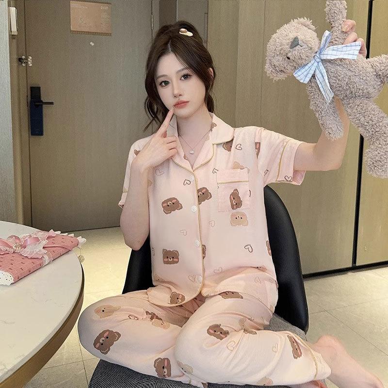 Pajamas Female Cute Sweet Bear Summer Cardigan Short Sleeve Trousers Loose Large Size Loungewear Set