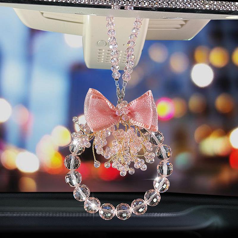 Bling Car Rearview Mirror Hanging Pearl Bow Ornaments Auto Creative Decoration Gifts Pearl Car Decoration Interior Accessories