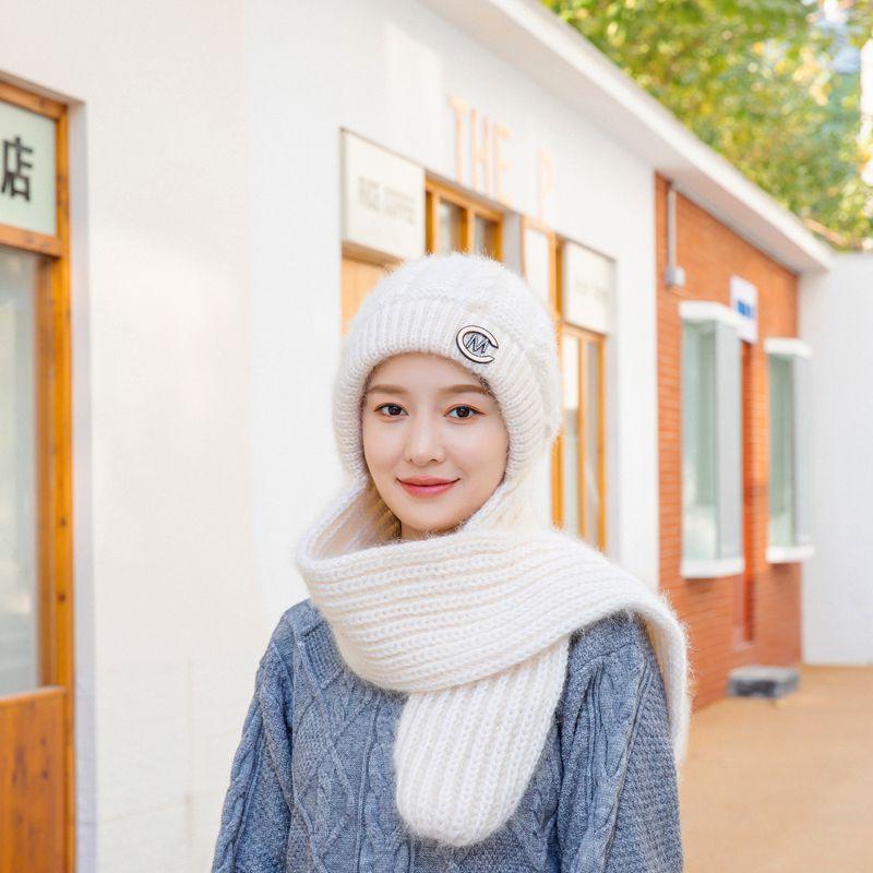 Winter Women's Wool Hat Skiing Hat Scarf Integrated Hand-woven Thickened Without Lining Thermal Ear Protection