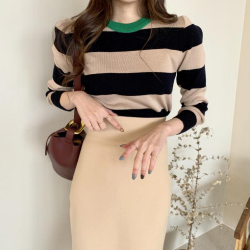 2021 Spring Korean Knitted Striped Pullover Sweater Women Long Sleeve O-Neck Vintage Fashion Casual Female Tops Sweaters
