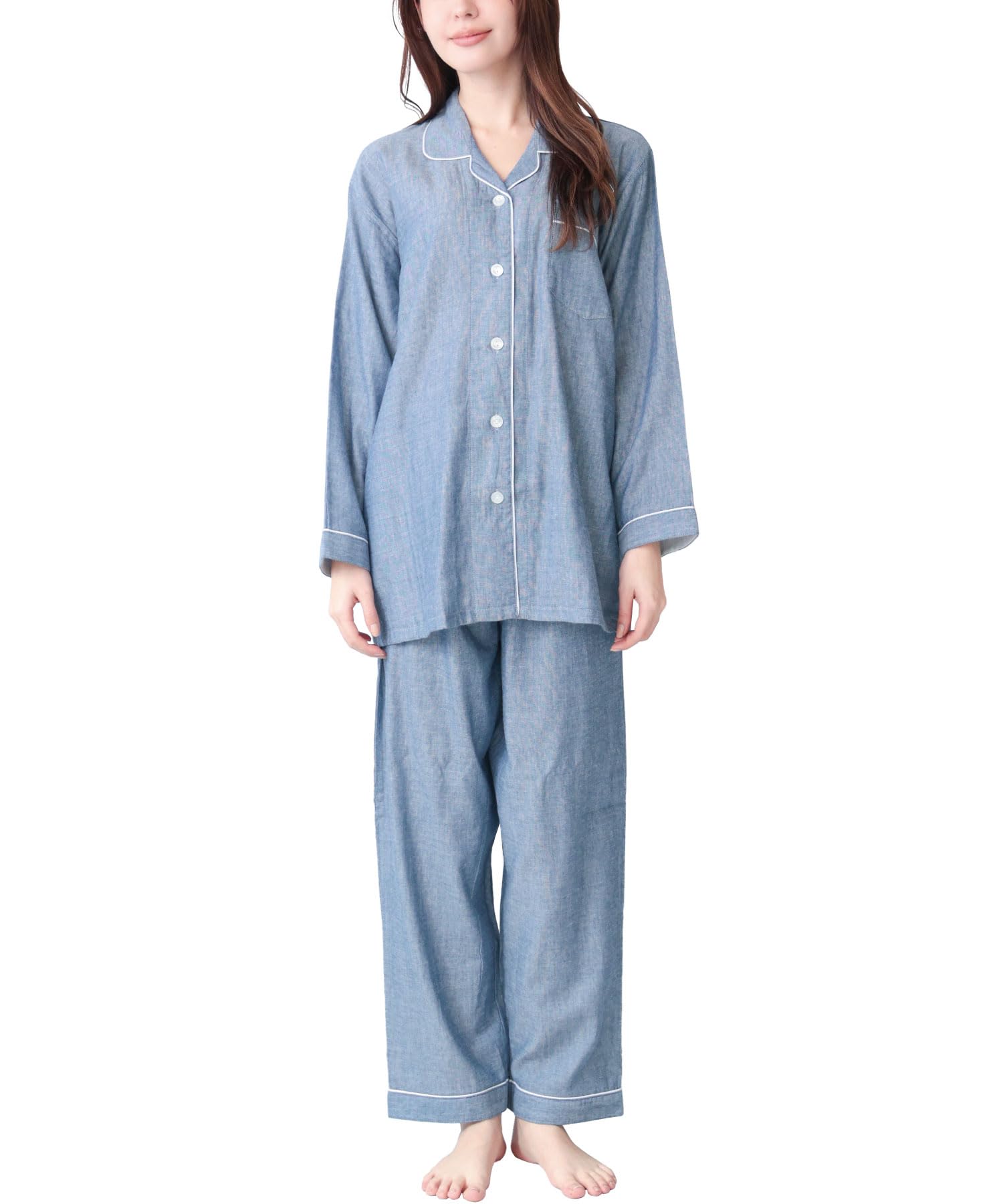 

ON NISHIKI Pajamas Women Long-Sleeve 100% Cotton Double Gauze Combed Yarn Skin-Friendly Front-Button Set Spring Autumn Loungewear Navy M