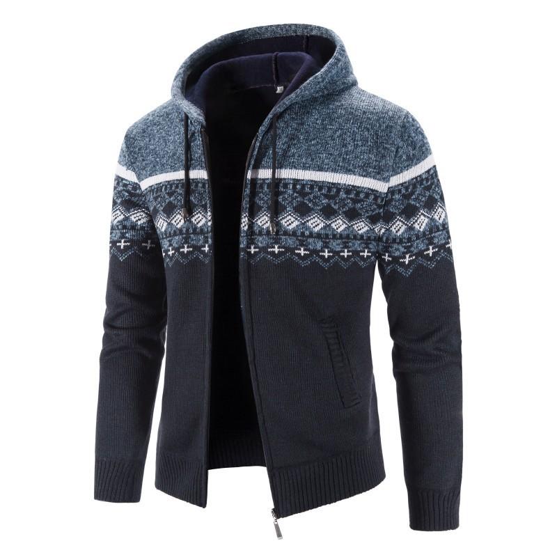 Men's Autumn and Winter Warm Jackets Hooded Knitted Cardigan Velvet Padded Jacket