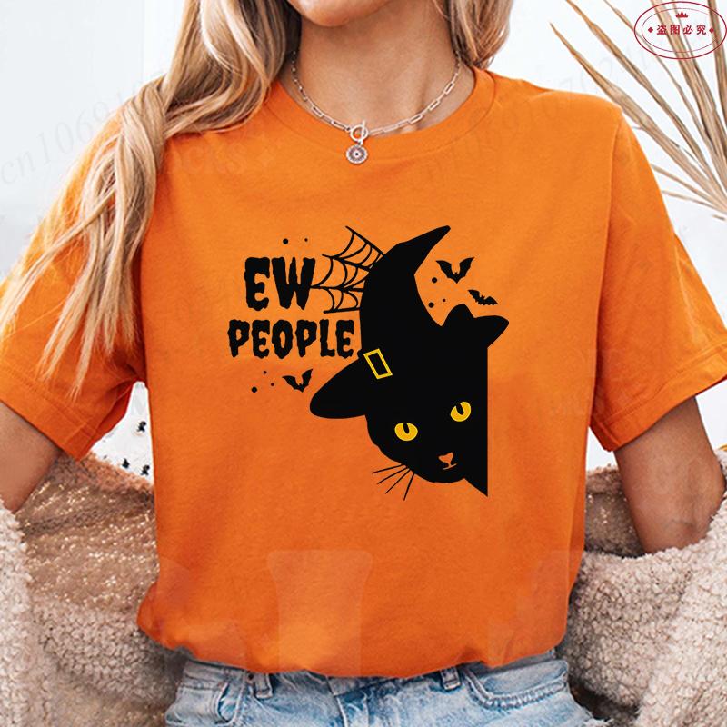 Halloween Cats Graphic Y2k Tops Women T-Shirt Casual Ulzzang Harajuku Streetwear Aesthetic Female Clothing Short Sleeve Tees