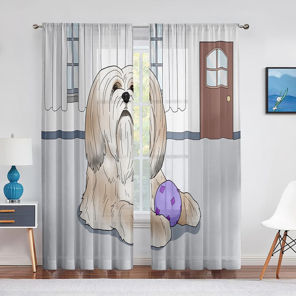 Cute Dog Shih Tzu Puppy Pet Sheer Voiles Curtains for Living Room Bedroom Kitchen Tulle Window Curtain Home Balcony Decor Drapes