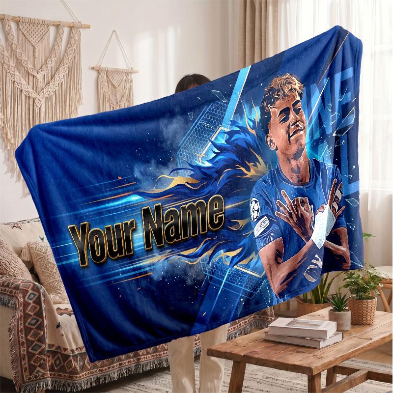 Coperta in pile personalizzata Lamine Yamal con logo del calcio, testo con nome personalizzato, morbida, calda, coperta da divano per la casa