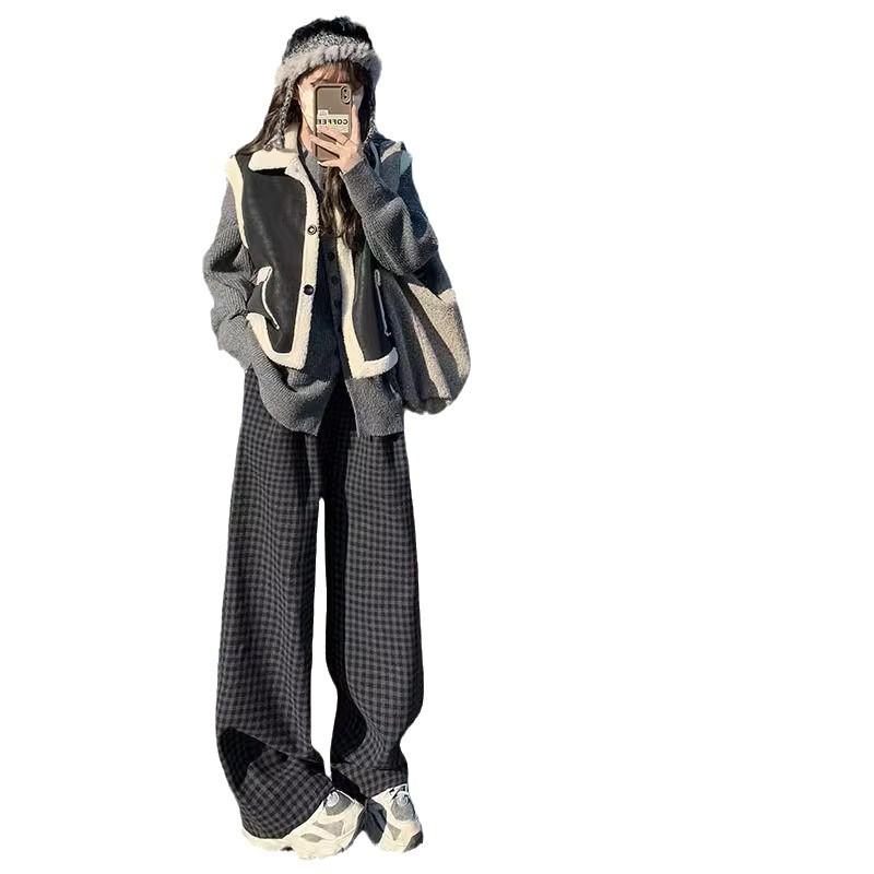 Women's High-Waisted Black and Gray Retro Plaid Wide-Leg Pants - Autumn/Winter 2024 Korean Style Slimming Casual Wear