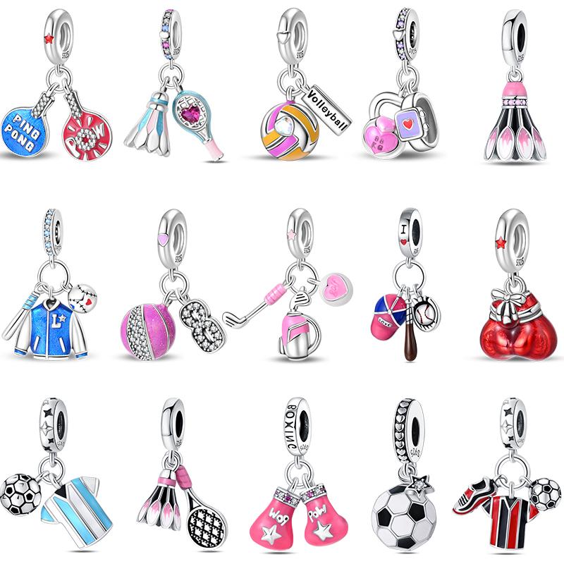 Original 925 Silver Sports Charm Beads Dumbbell Badminton Football Baseball Pendant For Bracelet Jewelry