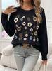 Women S Crew Neck Long Sleeve Knit Sweater With Flower Embroidery