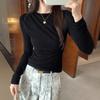 Korean Pleated Design Crew Neck Bottoming Shirt Women's Autumn and Winter Sweet and Spicy Slim-fitting Long-sleeved T-shirt with Top