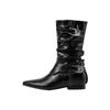 Fashion 2025 New Style Luxury Pleated Buckle Knight Boots for Women Autumn Leather Mid Calf Boots Woman Slip-On Thick Heel Riding Boots