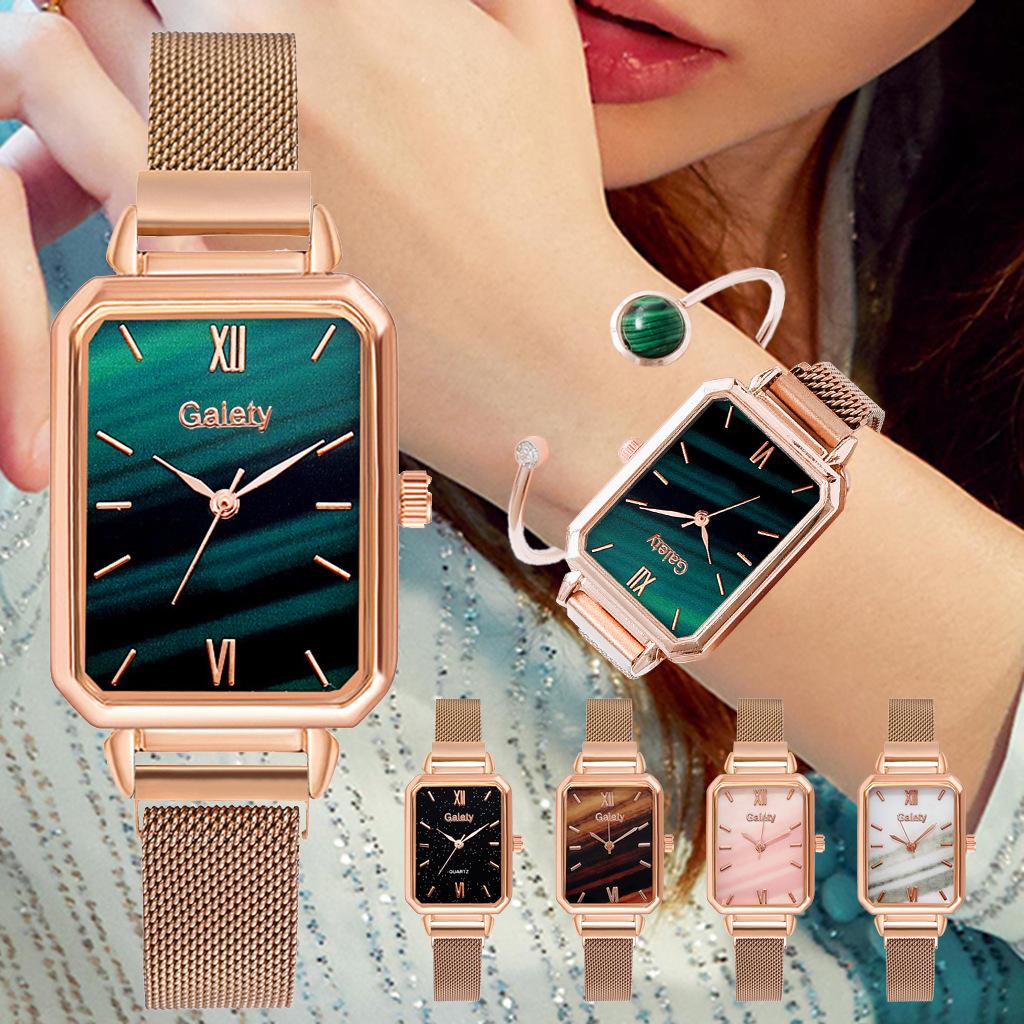 Rectangle Women Watch 2 PCS Set Bracelet Rose Gold Wristwatches Ladies Mesh Magnetic Luxury Simple Steel Female Watches Gift