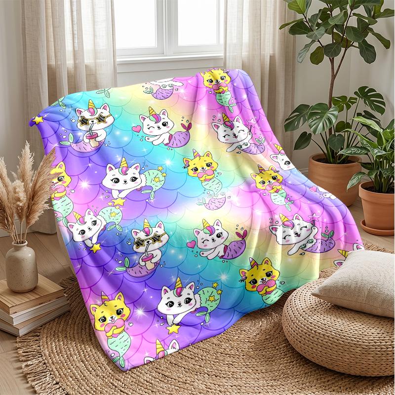 Rainbow Mermaid Cat Pattern Theme Blanket Lightweight Warm Flannel Blanket Decorative Throw Blanket for Home Decoration