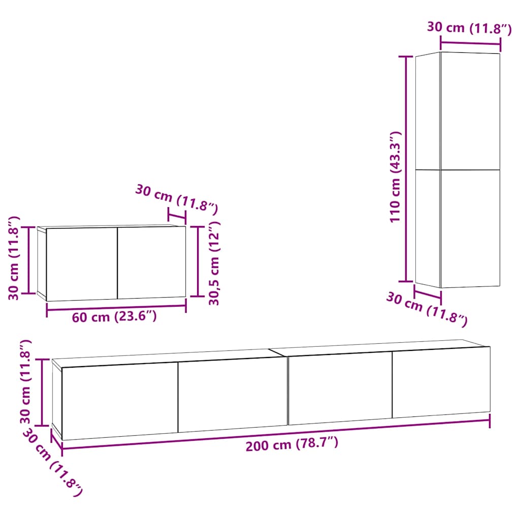 Wall Mounted TV Cabinet Set 4 pcs Black Oak Effect Particleboard