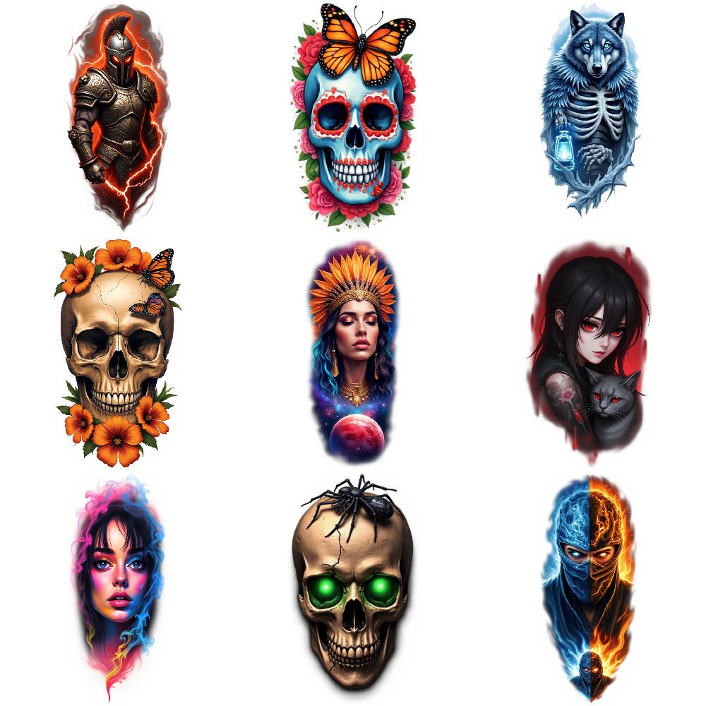 9pcs Temporary Tattoo Colorful Realism Robotic Suit Skull Sticker Pharaoh Mask For Shoulders Back Male