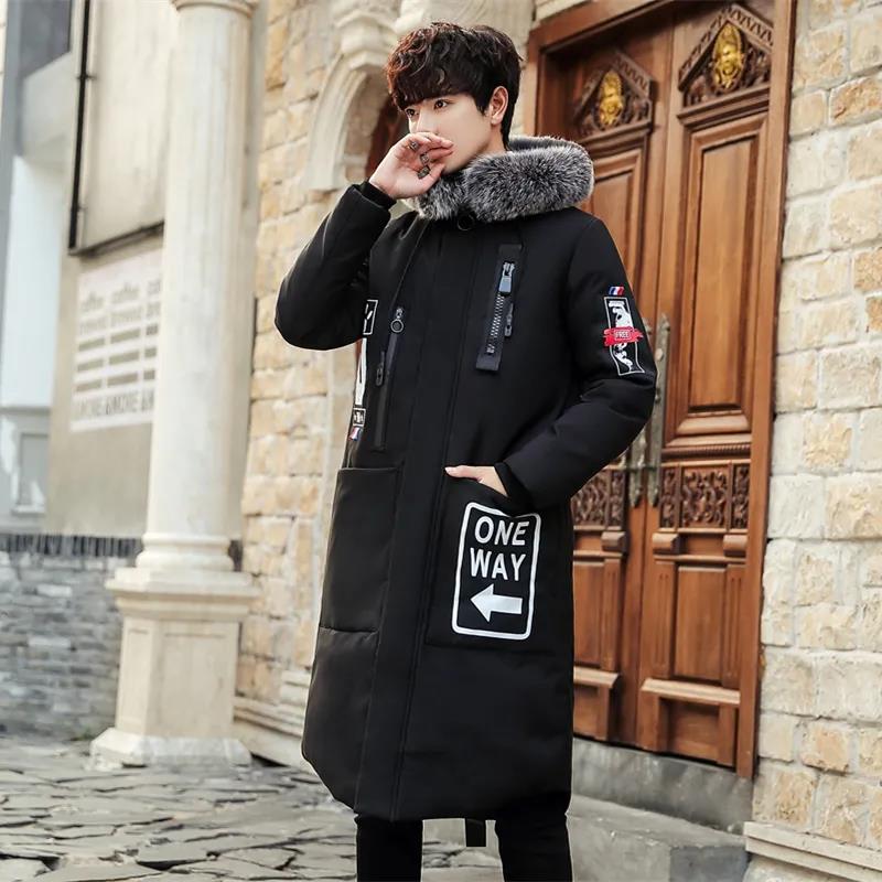 Large Fur Collar Down Jacket Men's Winter Thickening Cotton Jacket Long Slim Hooded Outwear Casual Jacket Wild Zipper Warm Down Coats