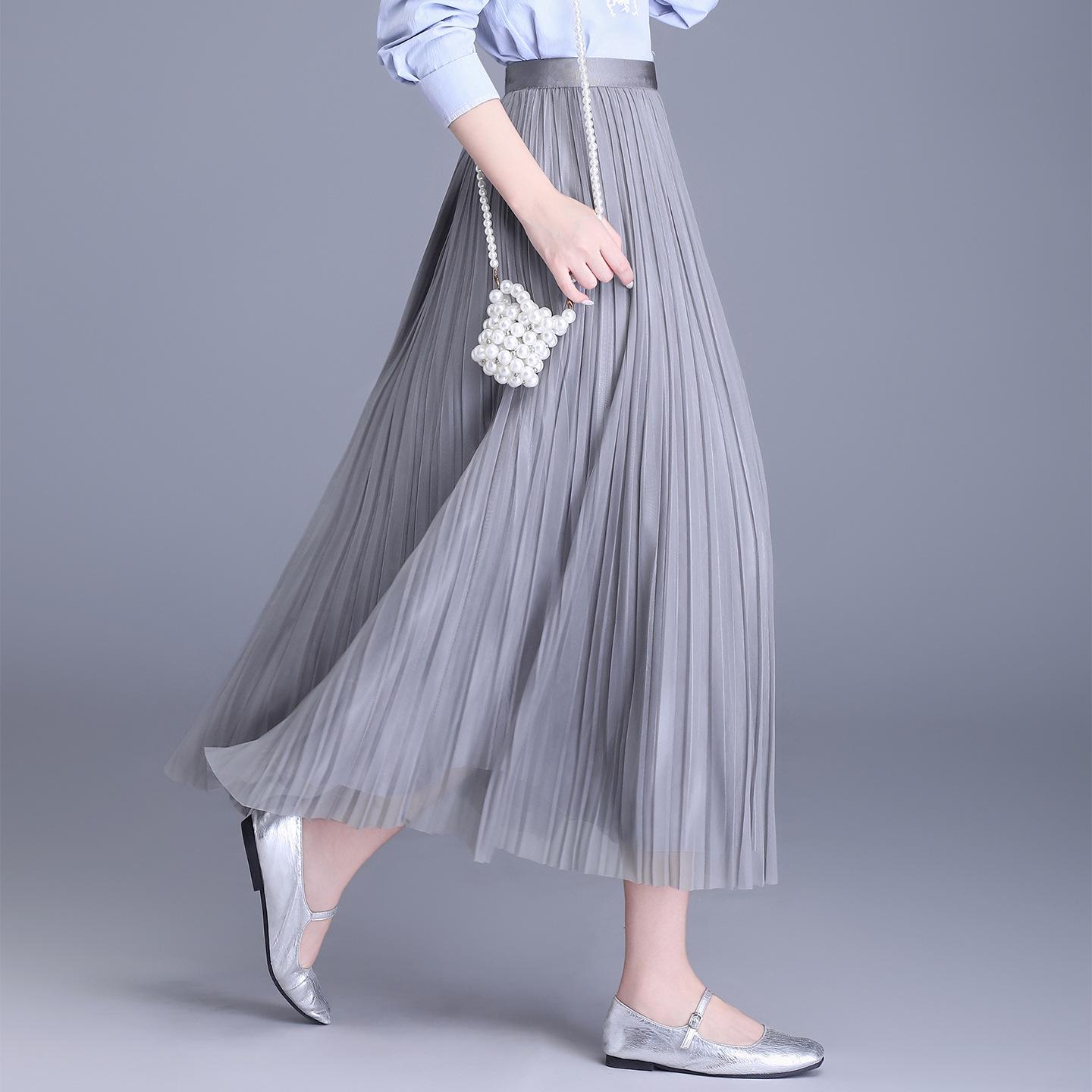 

Women s Two-Sided Mesh Pleated Midi Skirt: High-Waist, Versatile A-Line for Spring/Summer One Size сірий колір