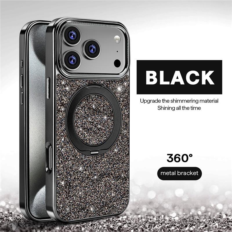 Magnetic Metal Bracket Shining Stand Case For iPhone 12 13 14 15 16 17 Pro Max Air Wireless Charging Luxury Metal Buttons Cover