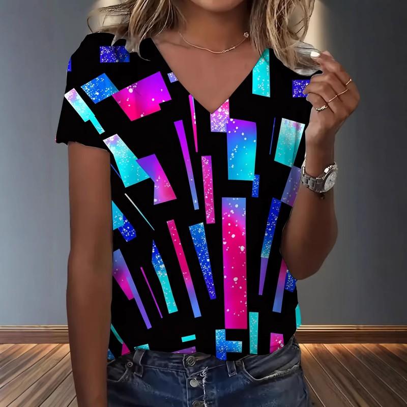 Womens V-Neck Loose Fit Short Sleeve T-Shirt With Colorful Geometric Starry Print Casual Top