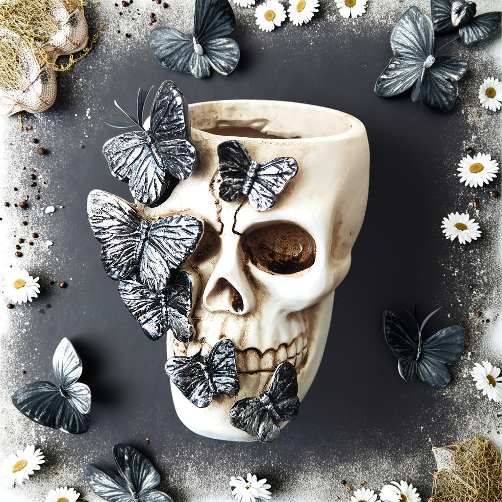 Halloween Butterfly Skull Resin Craft Vase, Tabletop Decoration Item, Decorative Statue, Arrangement Decoration Accessory