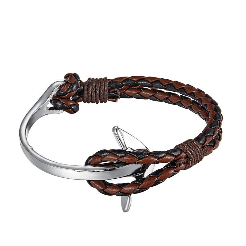 Silver-Plated Crooked Anchor Leather Bracelet, Men'S And Women'S Jewelry