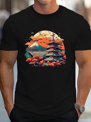Japanese Pagoda Mount Fuji Print Mens Cotton Graphic Tee Casual Breathable Short Sleeve TShirt