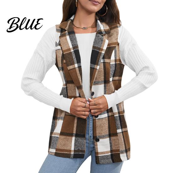 Single-breasted Coat Fall Spring Women Vest Plaid Printing Turn-down Collar Sleeveless Button Dark Tone Down Warm Mid Length Retro Waistcoat