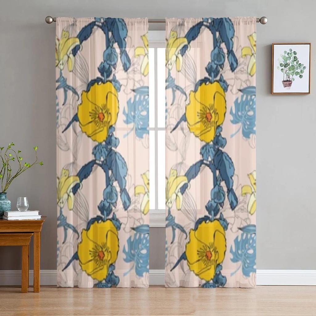 Floral Watercolor Wildflowers In Vintage Style Tulle Curtains for Living Room Bedroom Chiffon Sheer Voile Kitchen Curtain