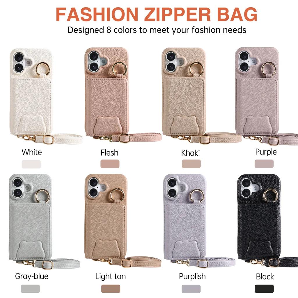 Crossbody Cards Solt Wallet Leather Cute Mirror Ring Holder Case For iPhone 16 Pro Max 15 Plus 14 13 12 11 Lanayrd Bear Cover
