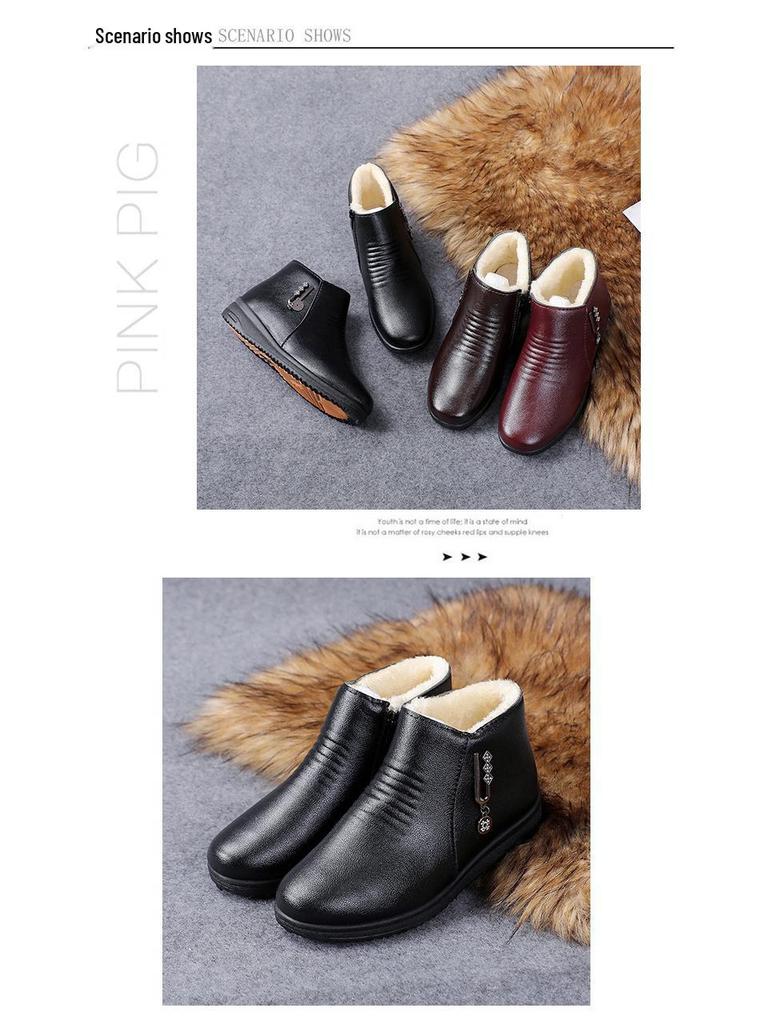 Women's Winter Soft Sole Cotton Boots for Middle-Aged and Elderly - Velvet-Lined, Flat Bottom, Leather Short Boots