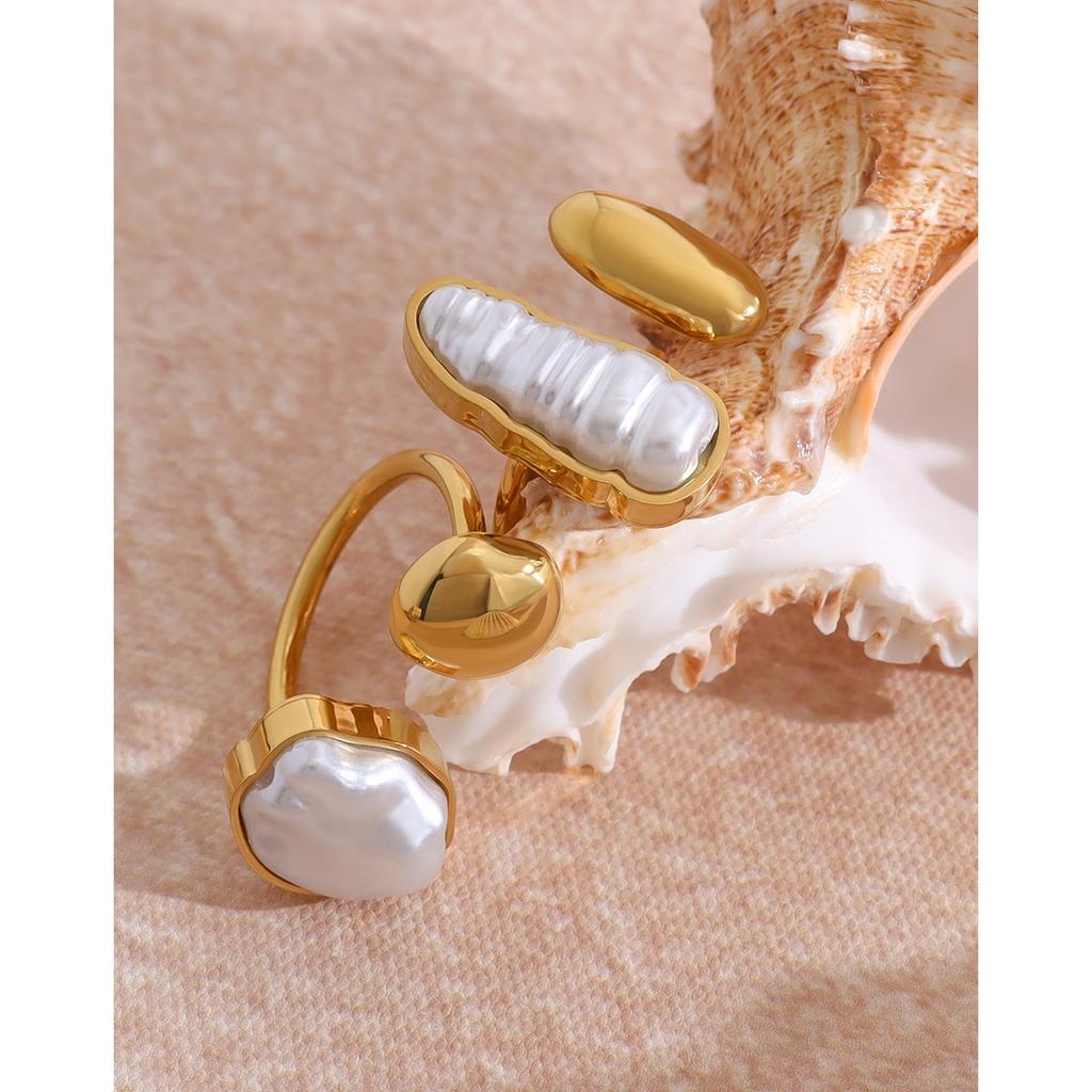 YACHAN Chic Irregular Pearl Stainless Steel Open Rings for Women Charm Luxury Gold Plated Tarnish Free Jewelry