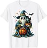 Fantasma Sosteniendo Gato Negro Amante Halloween 2025 Camiseta Floral Groovy