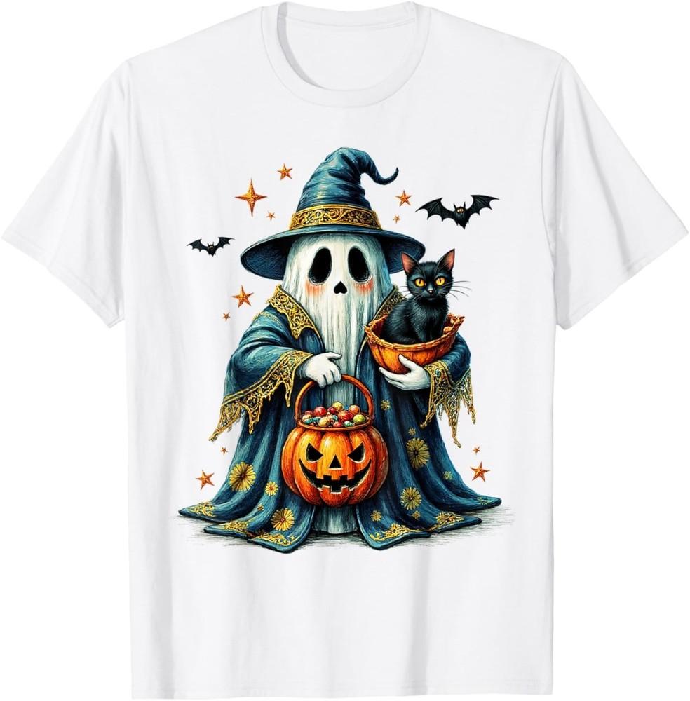 

Футболка с цветочным принтом «Призрак, держащий черную кошку» для любителей Хэллоуина 2025. XL