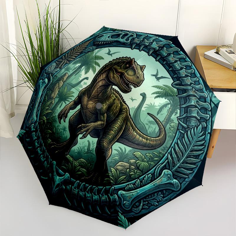 Prähistorisches Dinosaurier-Dschungel-Muster Regenschirm, tragbares und faltbares Design, 8 Speichen, ein lässiges Accessoire für Halloween, Weihnachten und Geburtstagsgeschenke.