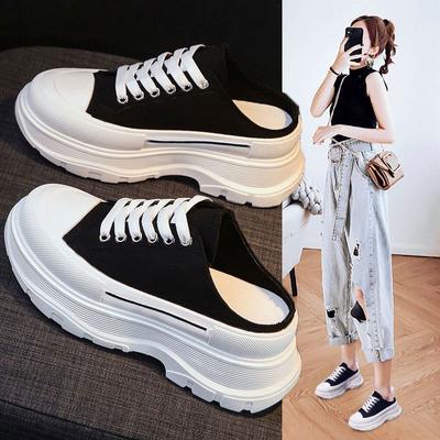Closed Toe Half Slippers Women's Outer Wear Autumn New Lazy Thick Bottom Increased Muffin Canvas Shoes