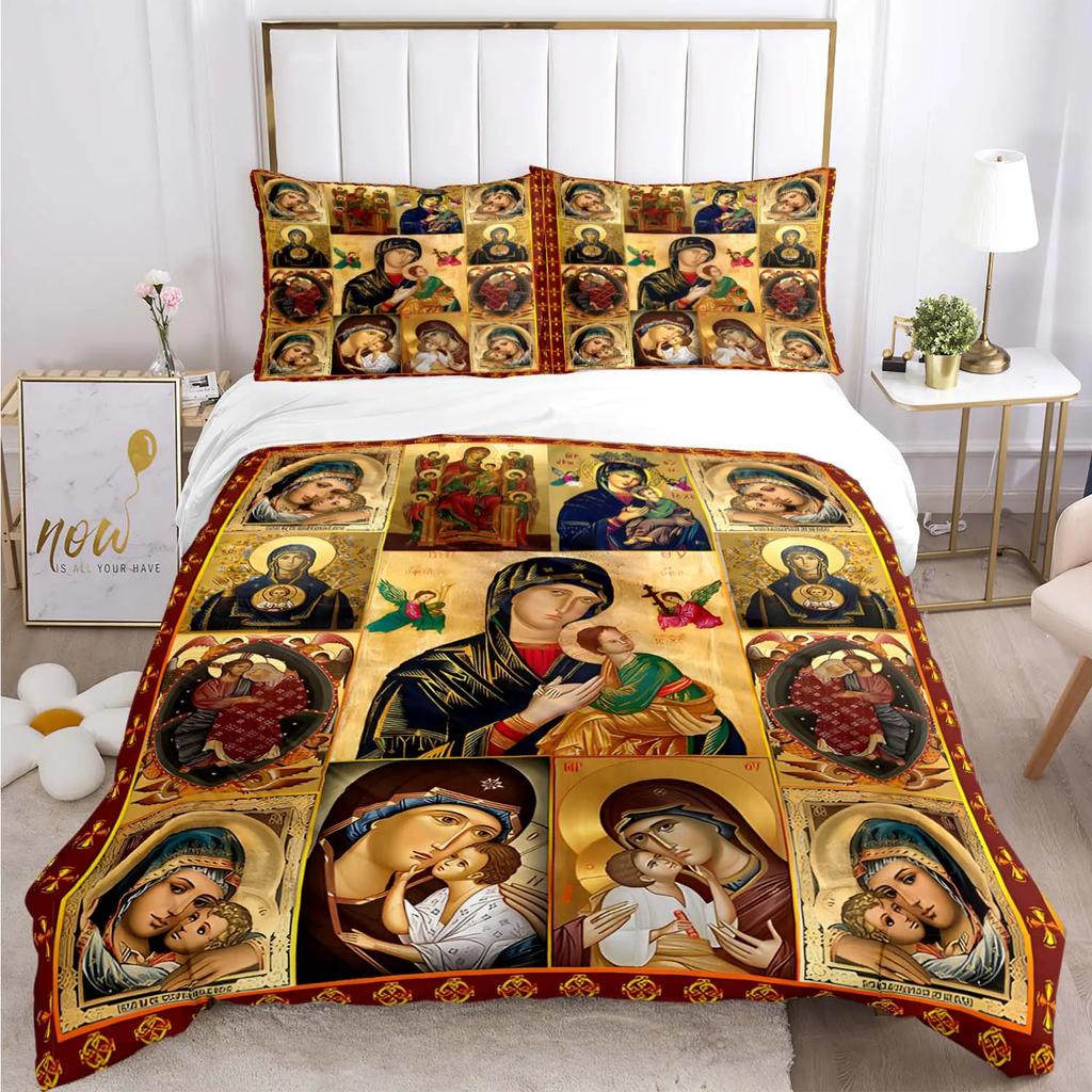 Bettwäscheset mit der Jungfrau Maria und Jesus, Halloween-Horrorfilm, Bettbezüge, Kinderbettwäsche, Dekor, Bettwäsche mit Kissenbezug, kein Laken, 3-teilig