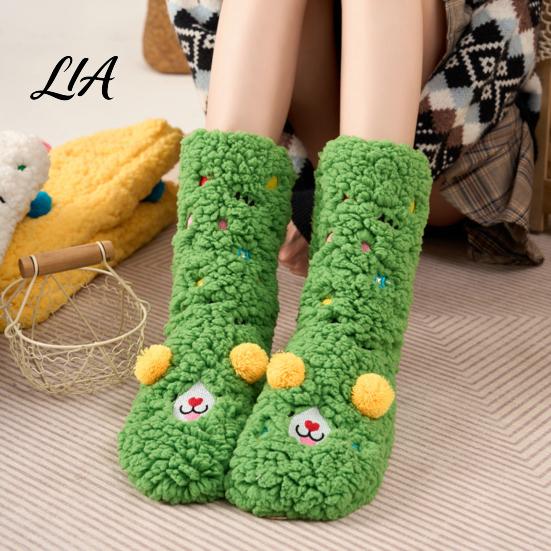 Cozy Cartoon Pattern Socks Thickened Floor for Women, Non-Slip Mid-Calf Socks, Thermal Winter Comfortable Elastic Ribbed Slippers Soft Fuzzy
