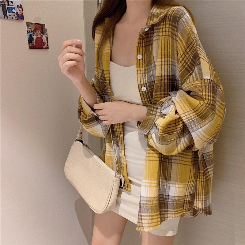 Camicie a quadri larghe semplici vintage primaverili da donna, moda a maniche lunghe, taglie forti, casual, camicette da donna, monopetto, slim, da ufficio, da donna, 26107