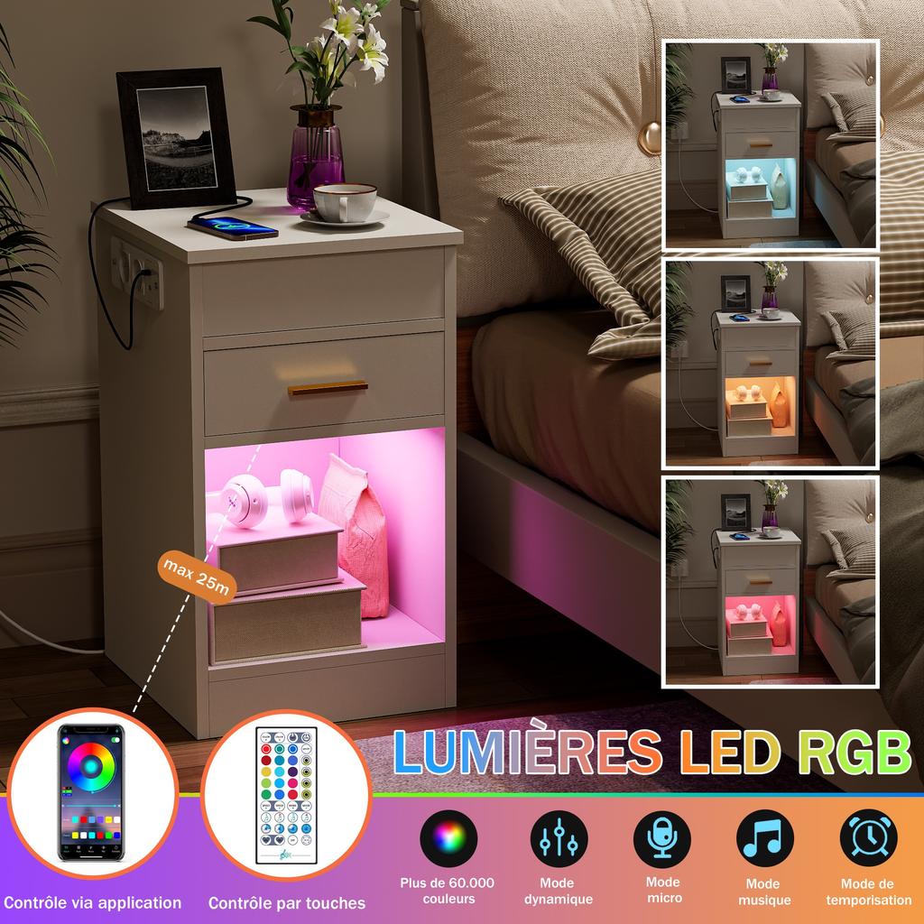 Bedside Nightstand Featuring Technology and Integrated LED Lights Charging Station Ports for Modern Homes Table De Chevet