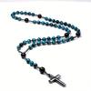 Natural Light Blue Tiger Eye Onyx Catholic Christ Rosary Necklaces Bead Long for Men Hematite Cross Pendant Necklace Meditation