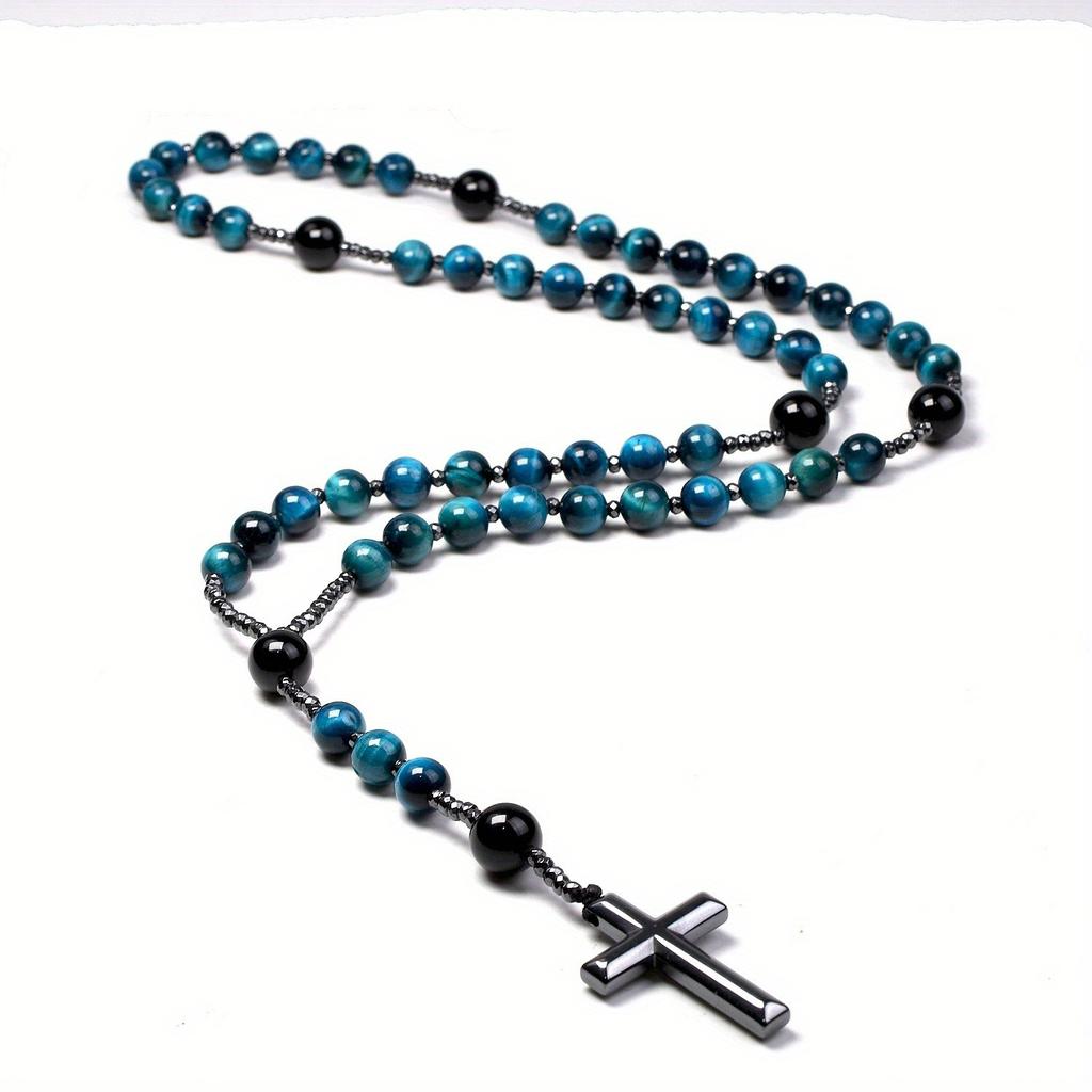 Natural Light Blue Tiger Eye Onyx Catholic Christ Rosary Necklaces Bead Long for Men Hematite Cross Pendant Necklace Meditation