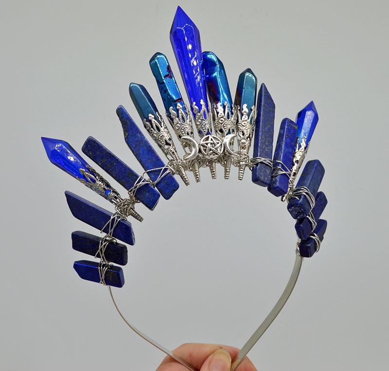 Retro Silver Moon Crystal Glass Crown Headband
