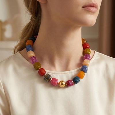 Chunky Beaded Necklace Square Resin Choker Necklace for Beads Necklace Bohemian Women Holiday Summer Vacation Beach