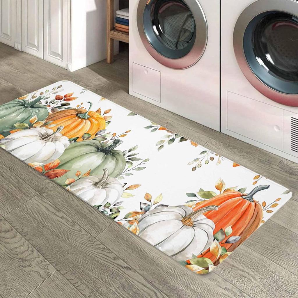 Fall Pumpkins Eucalyptus Leaves Kitchen Mat Home Decor Farmhouse Corridor Balcony Rusgs Anti-slip Bedroom Mat Autumn Decorations