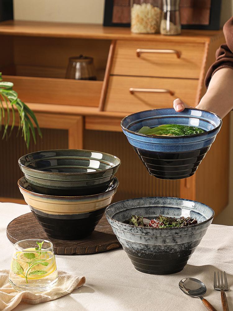 Ceramic retro large household soup bowl, Japanese restaurant commercial bamboo hat bowl, heat-resistant ramen