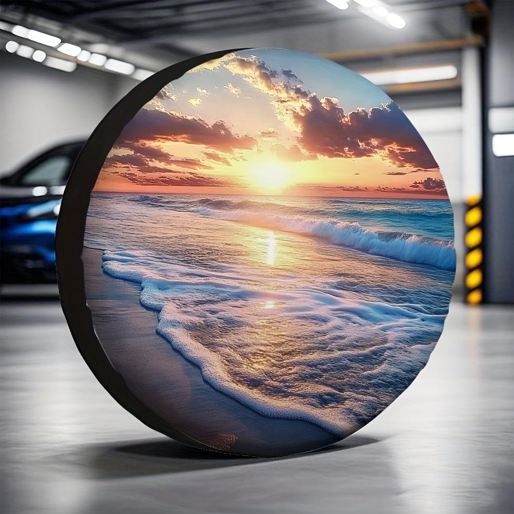 1pc Essential RV Tire Covers Featuring A Fabric Design Of An Ocean Sunset Beach Scene, Suitable For Outdoor Parking Without Elec
